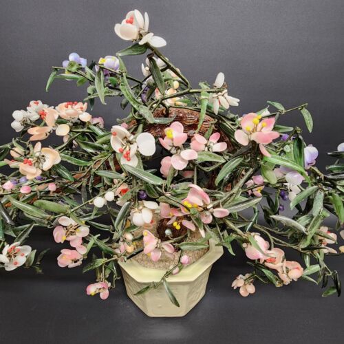 Large Oriental Glass Vintage Bonsai Tree Pink Purple White Flowers Ceramic Pot