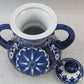 Blue and White Pottery Jar Decorative Piece with Two Handles & Lid