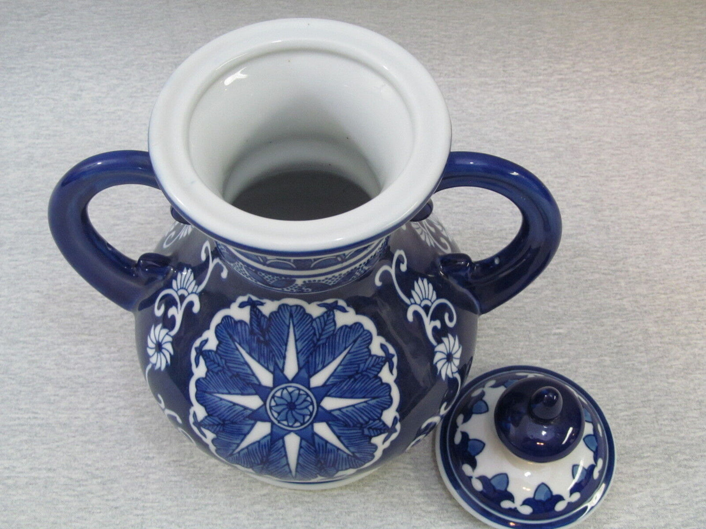 Blue and White Pottery Jar Decorative Piece with Two Handles & Lid