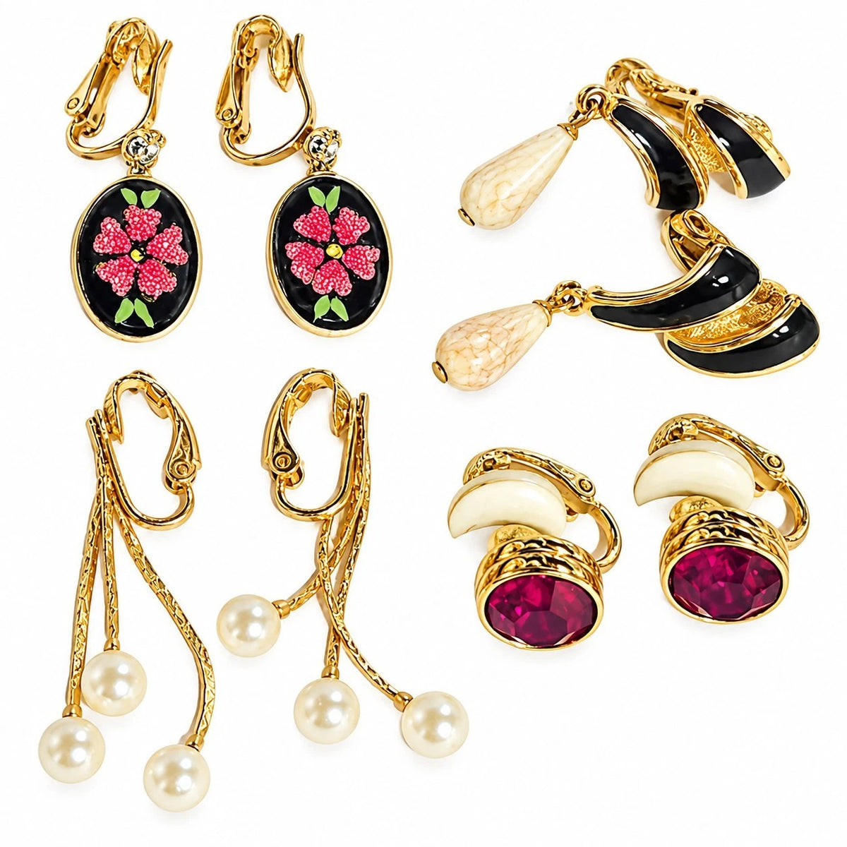 Clip On Earrings Lot 4 Pairs Avon Enamel Faux Pearl Rhinestone Floral Swarovski