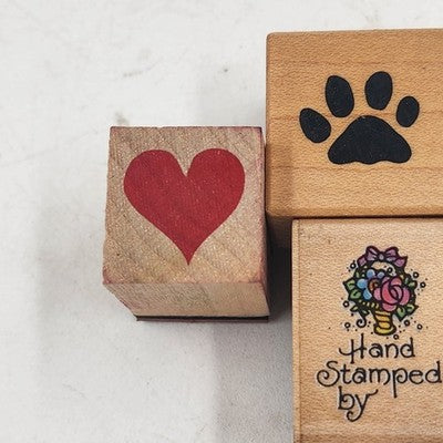 4 Wood Rubber Hand Stamps Love Theme Dog Footprint Flower Heart USA