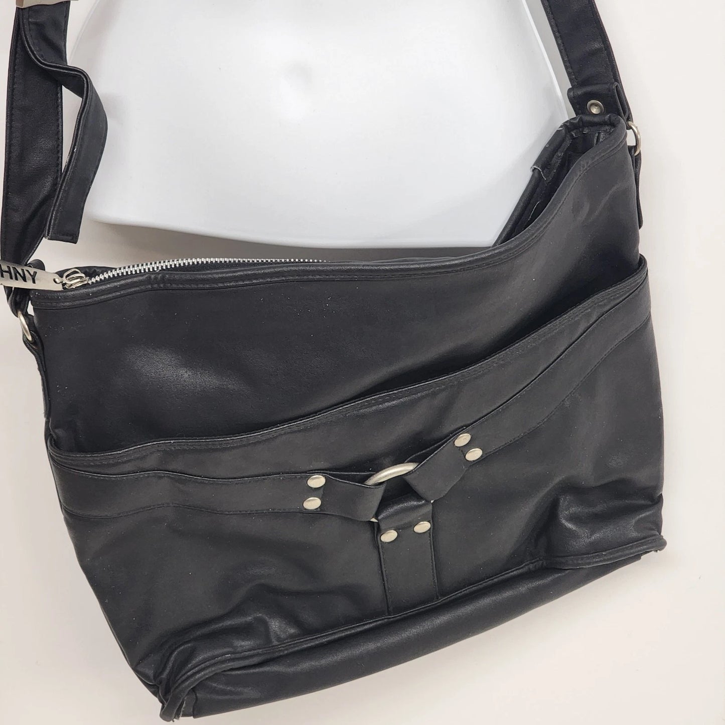 MHNY Black Leather Crossbody Satchel Three Compartment Purse