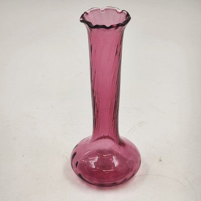 Pilgrim Cranberry Glass Bud Vase 7" Swirled Neck Ruffled Rim Hand Blown