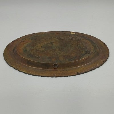 Oval Brass Serving Tray 16.25" Etched BLESSING Patina Hong Kong Mid Century
