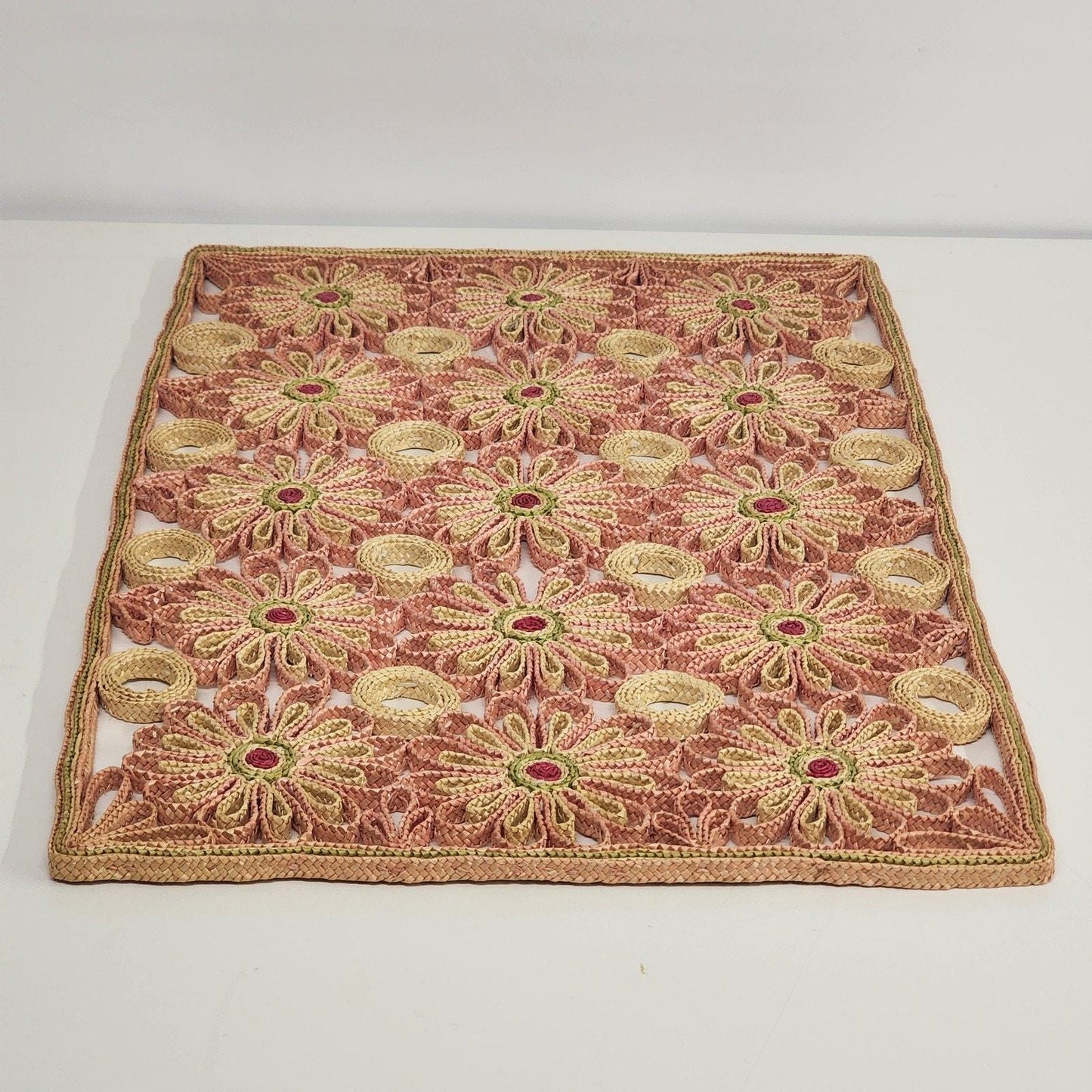 Raffia Ratan Sunburst Placemats Set 4 Boho Woven Orange Red Yellow Table Decor 17.5"