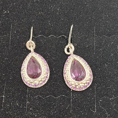 Silver Tone Chain Pear Cut Dangle Purple Rhinestone Amethyst Necklace & Earrings