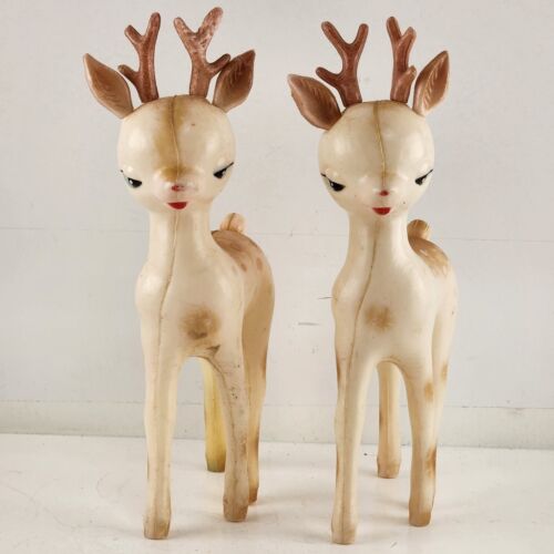 2 Soft Plastic Reindeer Fawns Faded Color Figurines Christmas 8" Tall Vintage
