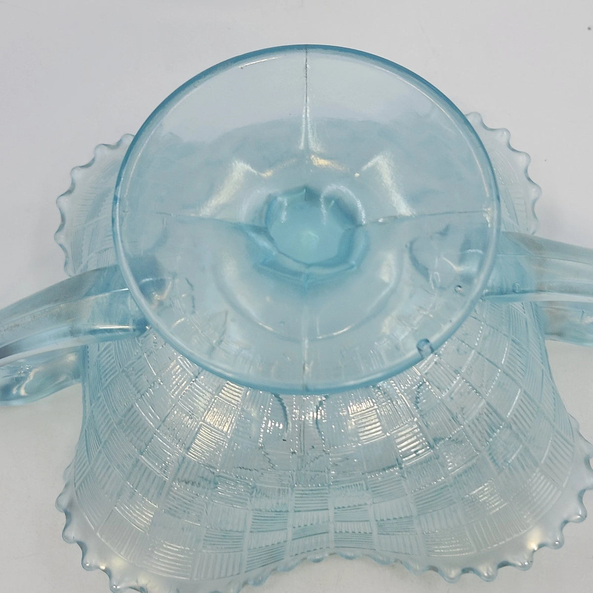 Jeannette Louisa Ice Blue Glass Pedestal Compote Double Handle Ruffled Rim 5.25"