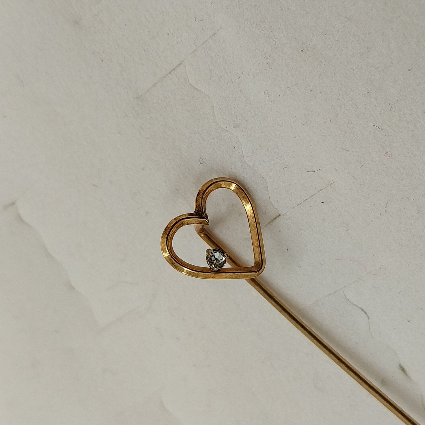 Gold Tone Heart Shaped Stick Pin Brooch 2" with Clear Rhinestone Accent