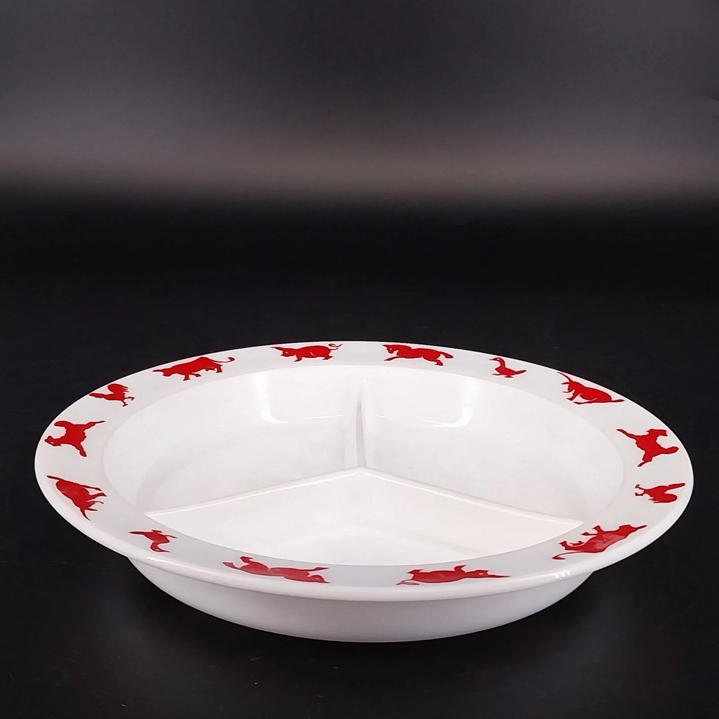 Hazel Atlas Milk Glass Child's Divided Bowl Dish Red Animal Border USA Vintage