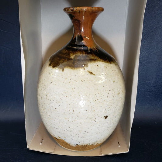 Salt Glazed Studio Art Pottery Vase Goose Neck Brown Tan Signed Thurman 8"