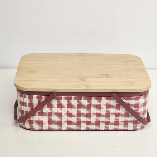 Red White Plaid Metal Picnic Basket Wood Lid Metal Handle Gingham 12x8" Vtg Flaw