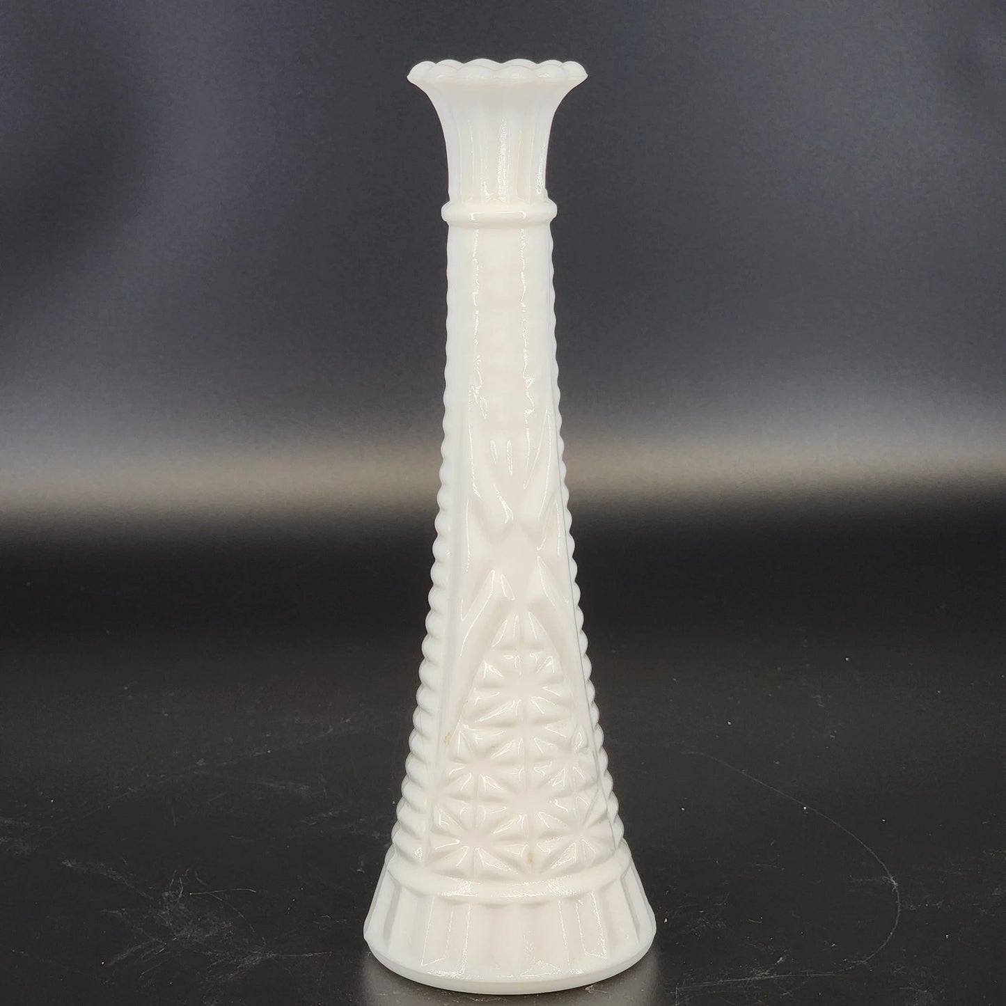 Anchor Hocking Milk Glass Stars and Bars Bud Vase 9" Tall Glossy White Glass Vtg