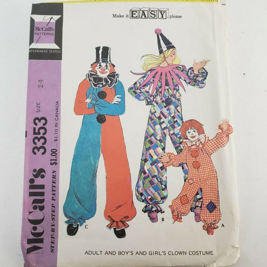 McCall's 3353 Clown Costume Sewing Pattern Toddlers Size 2-4 Cut Printed