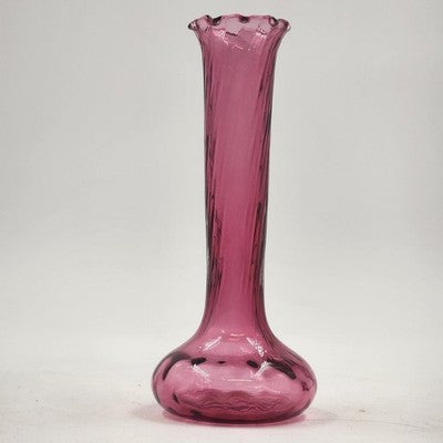 Pilgrim Cranberry Glass Bud Vase 7" Swirled Neck Ruffled Rim Hand Blown
