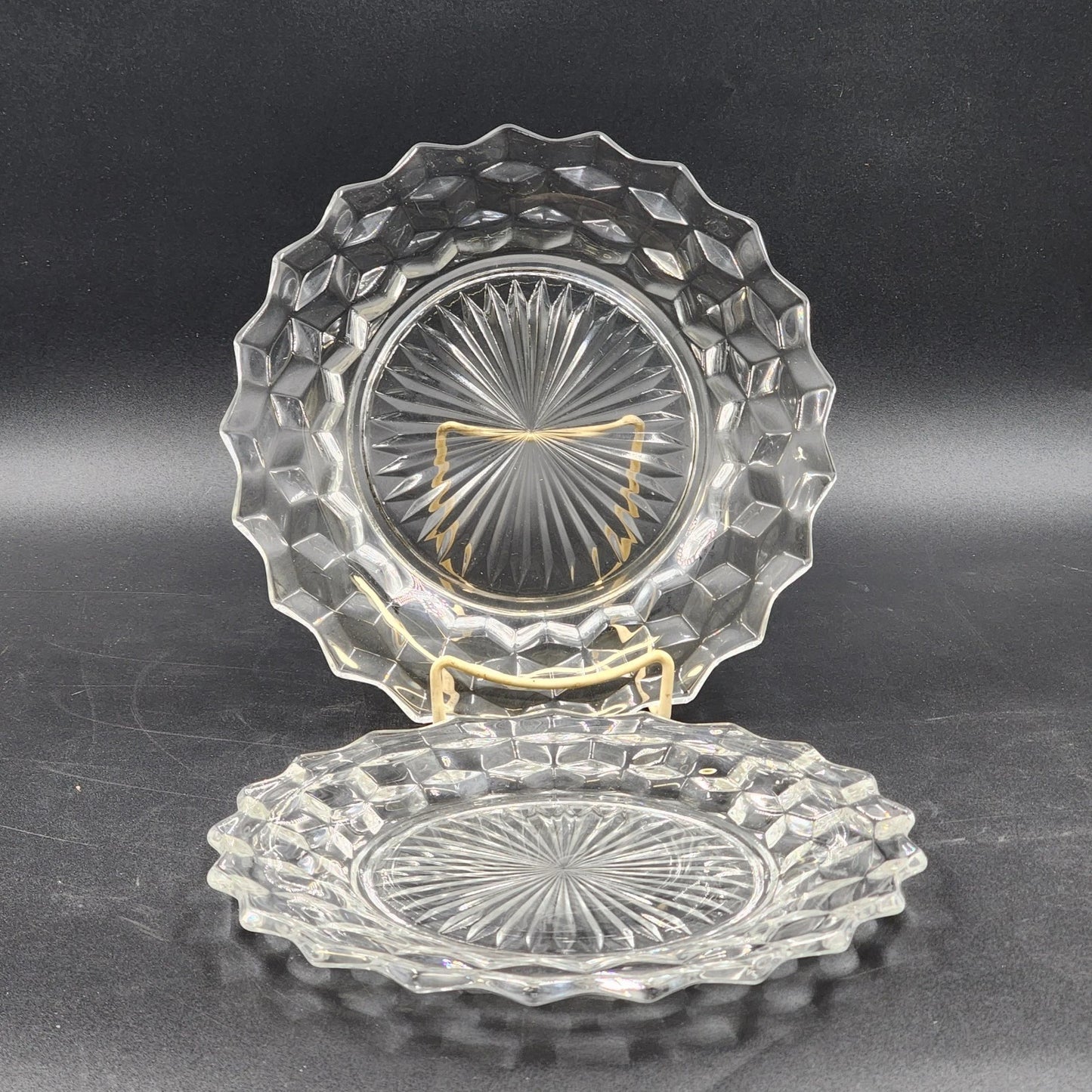 2 Fostoria American Clear Dinner Plates 9.5" Cubist Design Pressed Glass Vintage