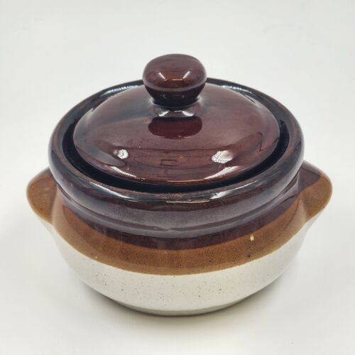 French Onion Soup Bowl Crock w Lid Casserole Dish Finger Grips Brown Stoneware