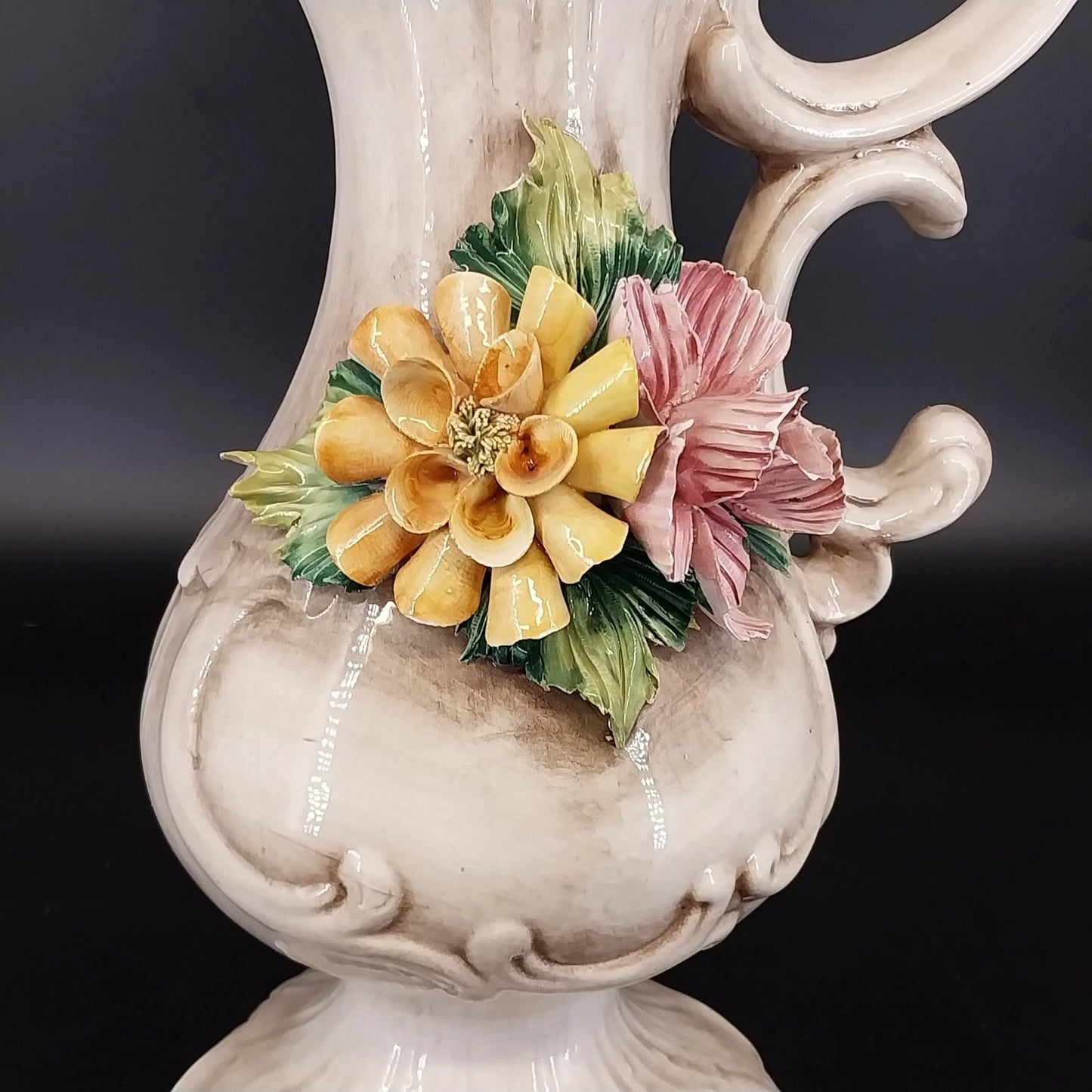 Vintage Capodimonte Italy Floral Porcelain Pitcher Vase Urn 13 Inch