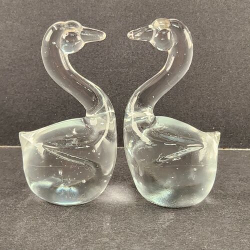 Pair of 4" Clear Glass Swan Figurines Molded Paperweights Vintage