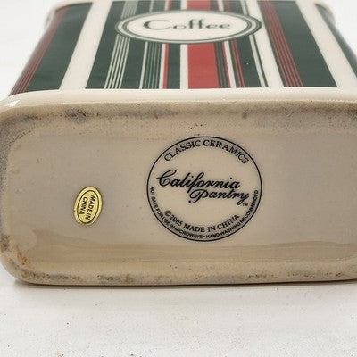 California Pantry Coffee Canister Jar 5.25 "Green Red Striped Festive 2005 w Lid