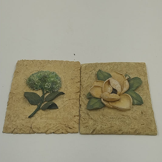 2 Floral Wall Art Hanging Plaques Decor Hydrangea and Magnolia Resin 3D 4x6" Vtg