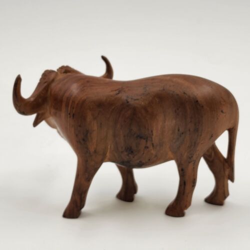 Wooden Water Buffalo Hand Carved Musk Ox Natural Hardwood Figurine 4.5" Long