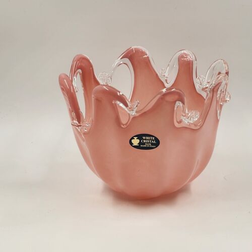 Murano Glass White Crystal Pink Bowl Handmade Italy Italian Glass Mouth Blown