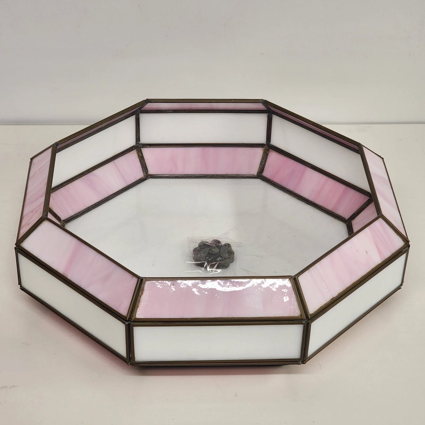 Octagon Leaded Stained Glass Ceiling Lamp Shade Pink White Slag Glass 13”x11"