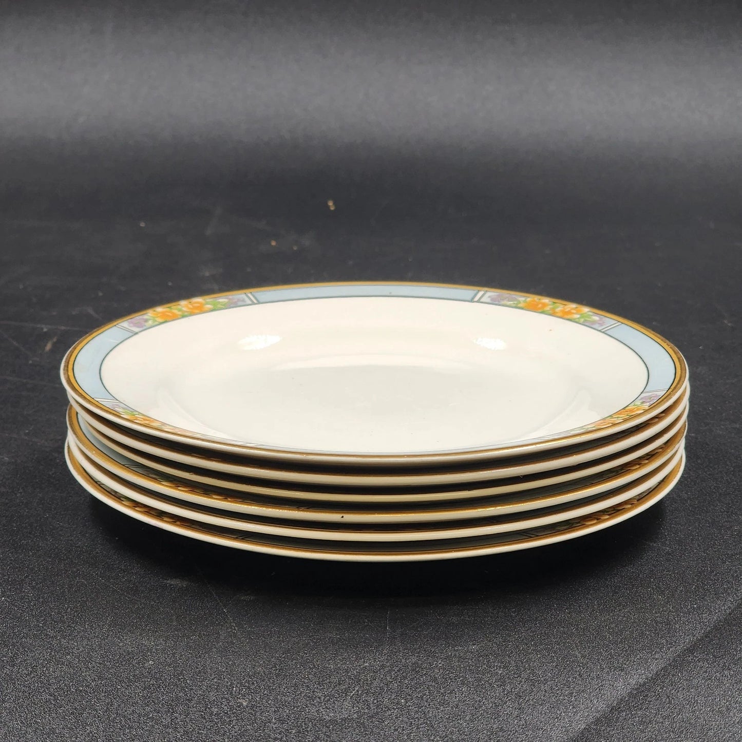 6 Nebraska Blue Dessert Pie Plates 7" England Blue Rim Flower Accent J&G Meakin