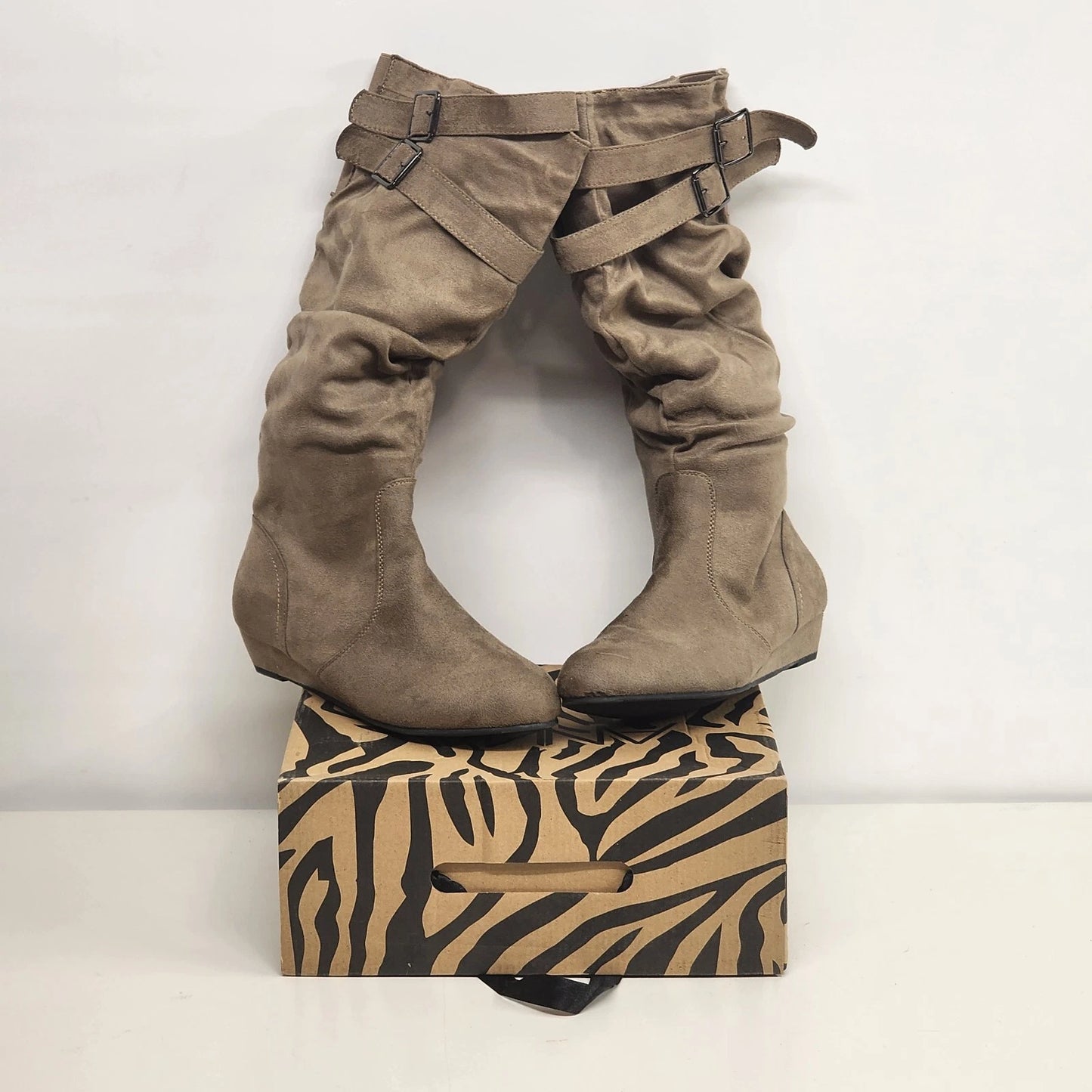 Anna Taupe Boots Slouch Faux Suede Knee High Women 8.5 Wedge Heel NWT Zip Buckle