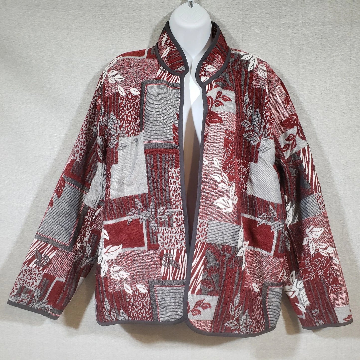 Bon Worth Womens Large Tapestry Weave Red Gray Block Print Blazer Jacket Unlined