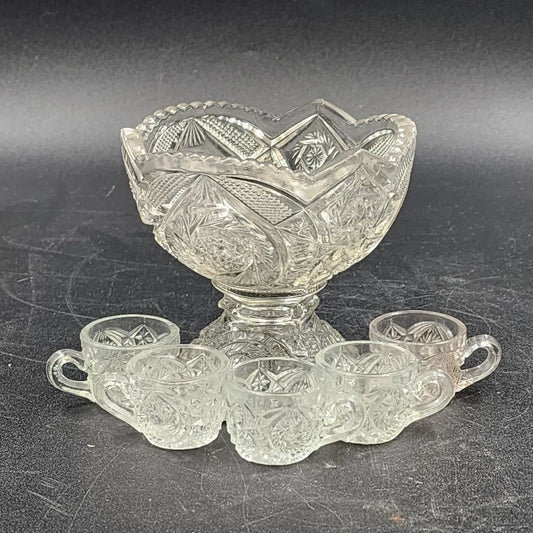 EAPG Pedestal Mini Punch Bowl Clear Glass Spinning Star US Glass 5 Mini Cups Vtg