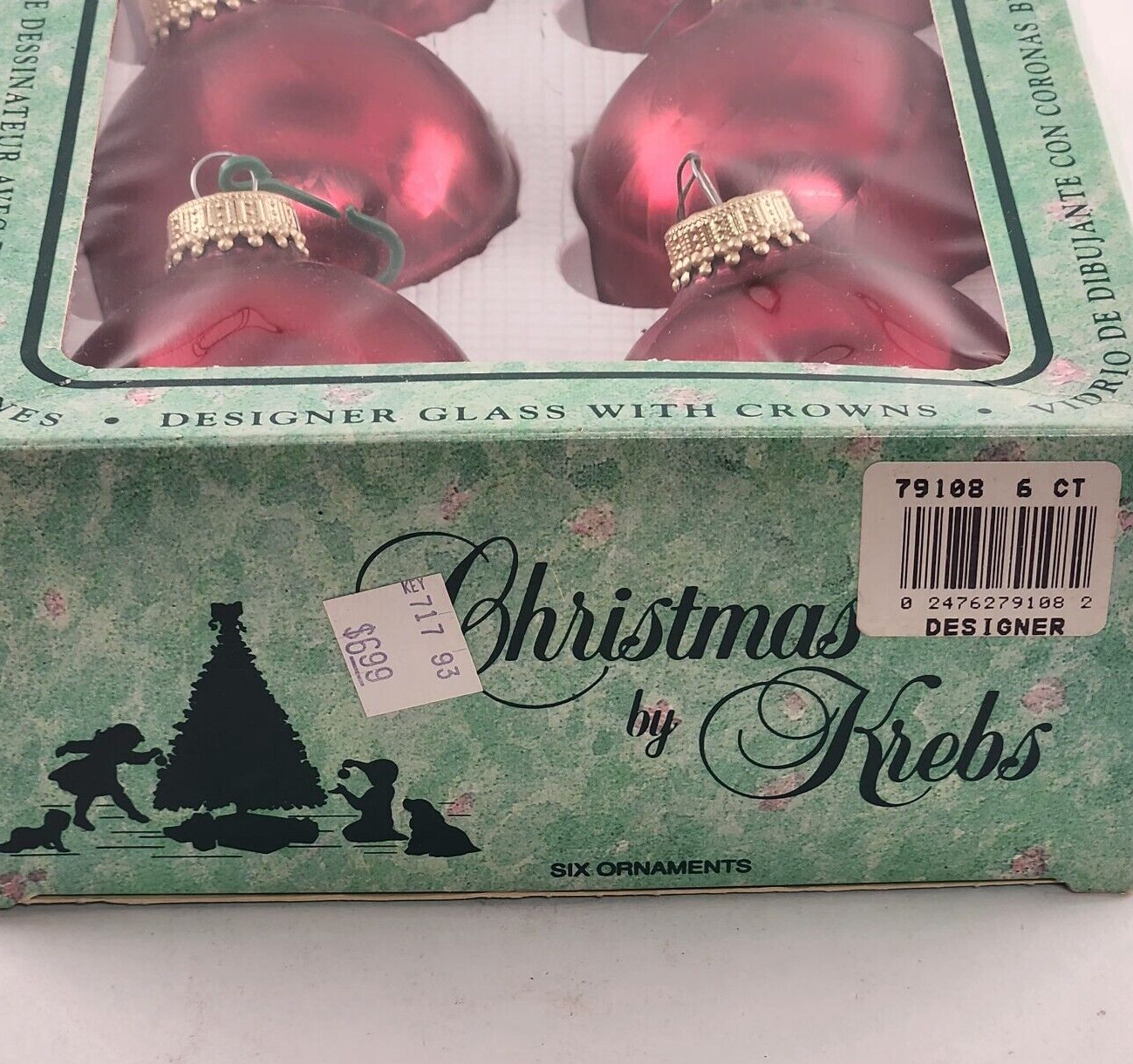 Christmas By Krebs Glass Ornaments 6 pk Red Crimson Jewel Vintage Crown Top 2.5"