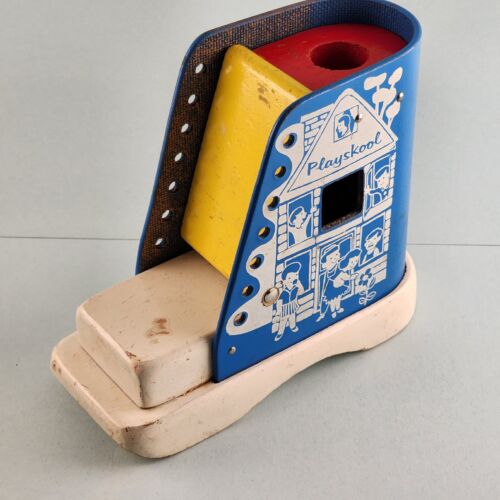 Original Playskool Blue Wooden Lacing Shoe Set Square Triangle Round Block Holes