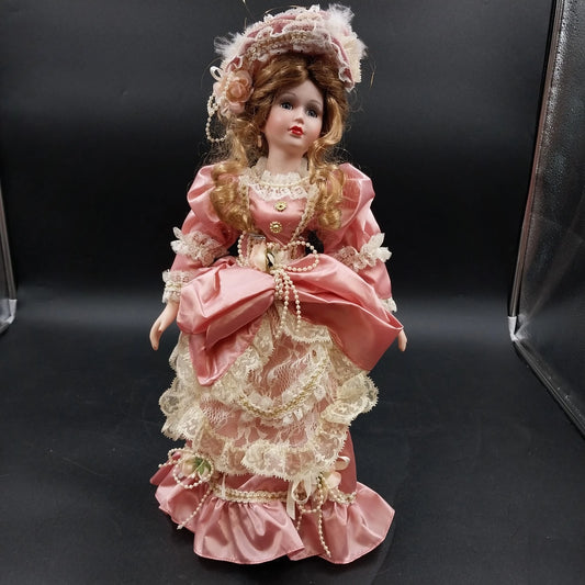 Porcelain Doll 18" Pink White Dress Antique Lace Curly Hair Collector Figurine