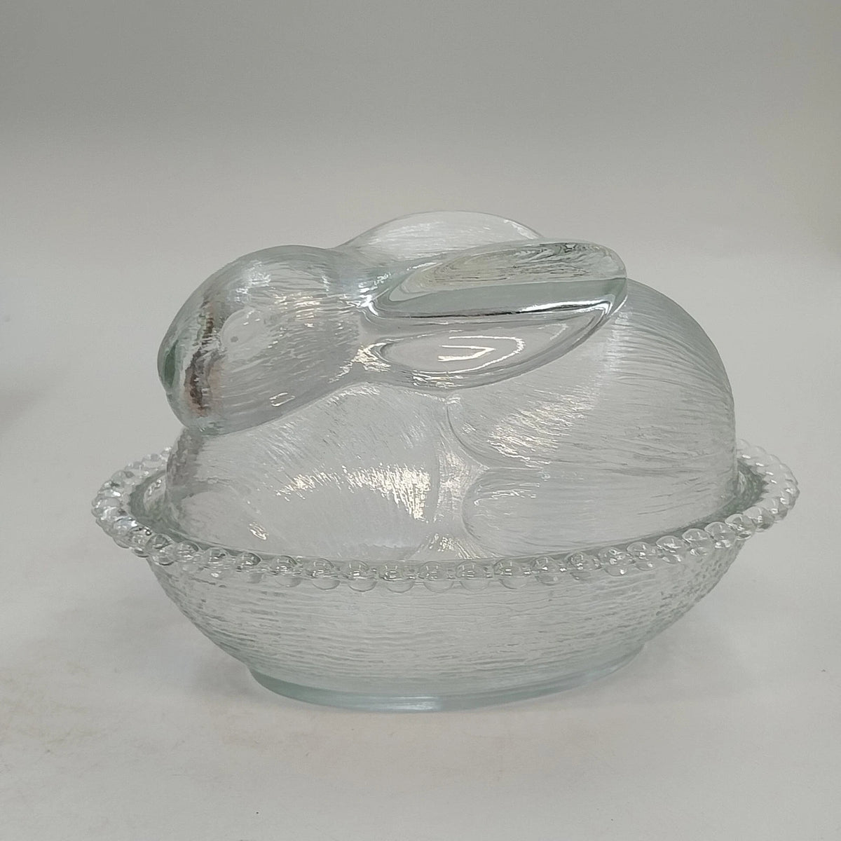 Indiana Glass Confections Bunny on Nest Candy Dish Clear Crystal w Lid USA Vtg