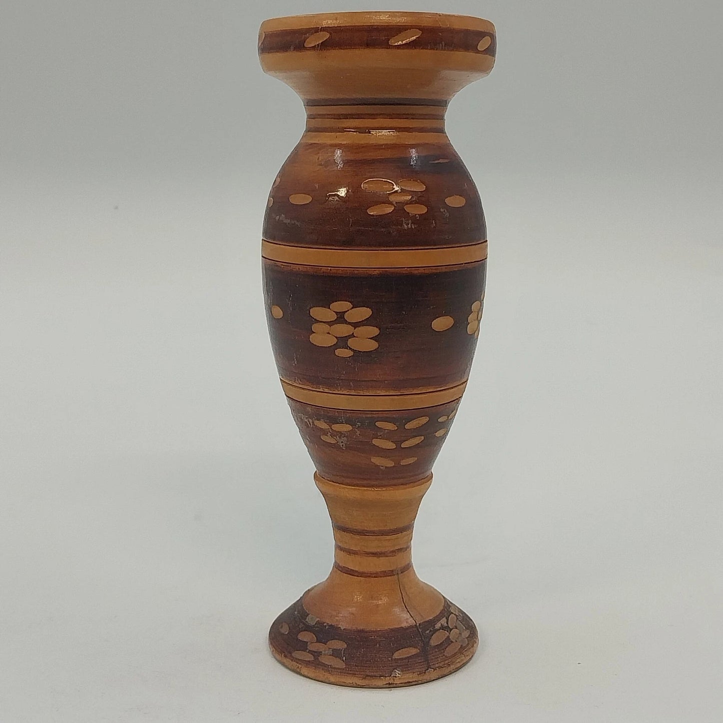 Hand Crafted Wooden Bud Vase Brown Carved Detailed Inlay Folk Art 6.9" Vintage