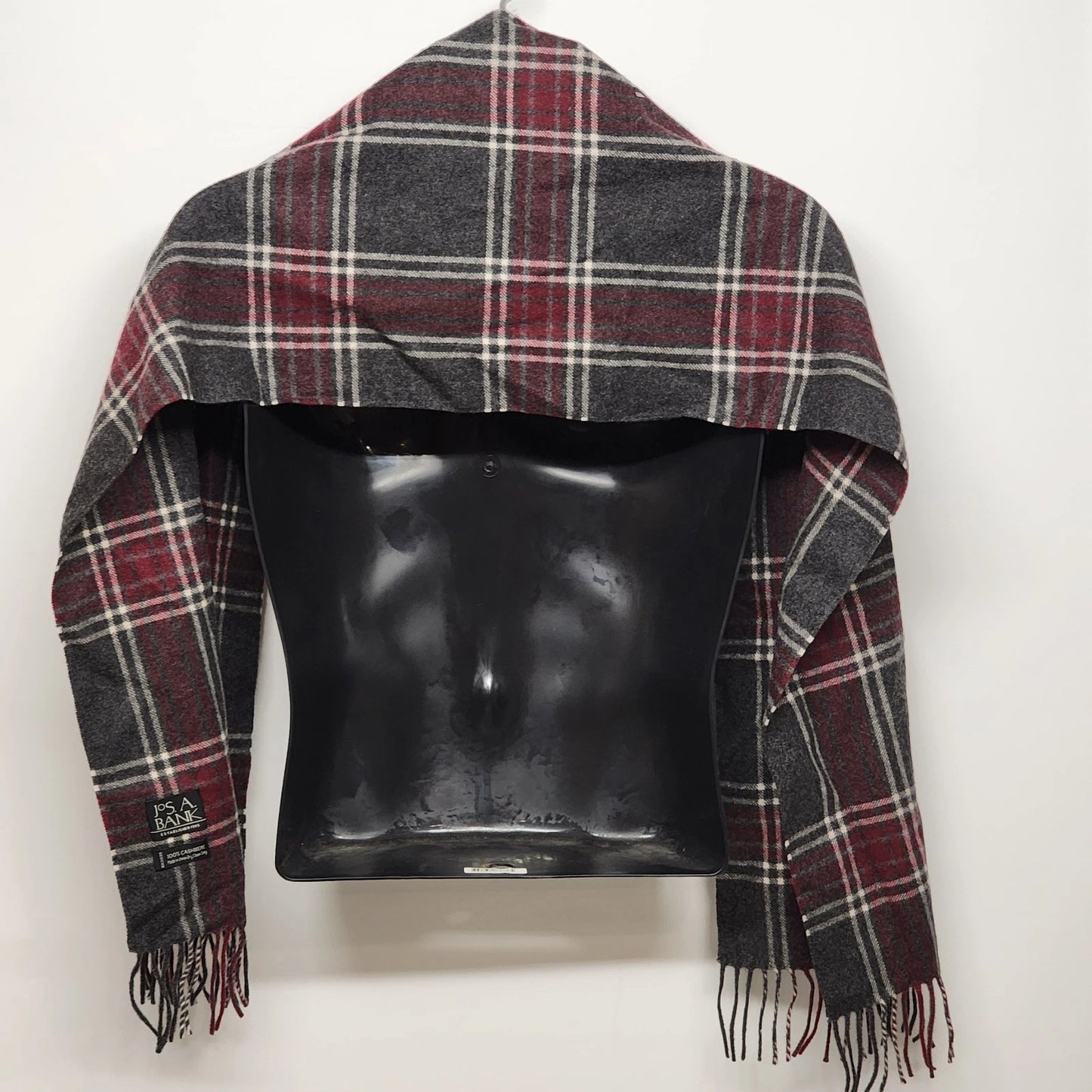 Jos A Bank 100% Cashmere Scarf Burgundy Gray Plaid Check Fringed Oblong 60"x12"