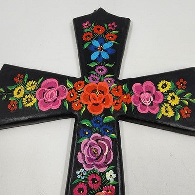 Inspirational Wooden Cross w Floral Hand Painted Routed Edges Pointed Wall Decor