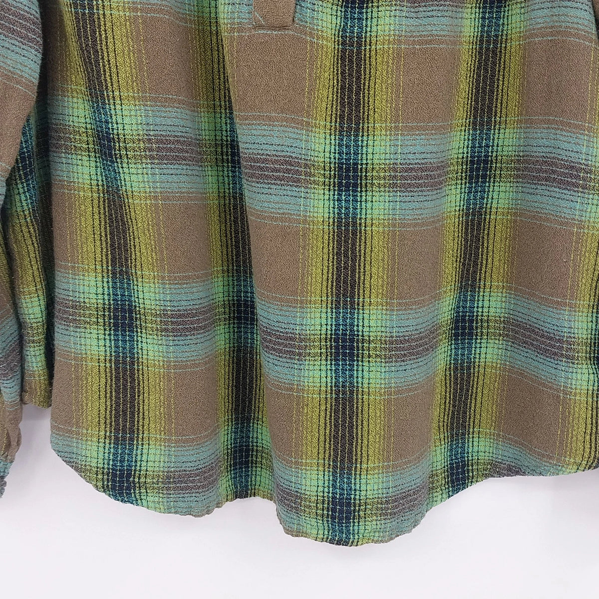 J.Jill Plaid Embroidered Popover Shirt Green Women's Medium Petite Long Sleeve