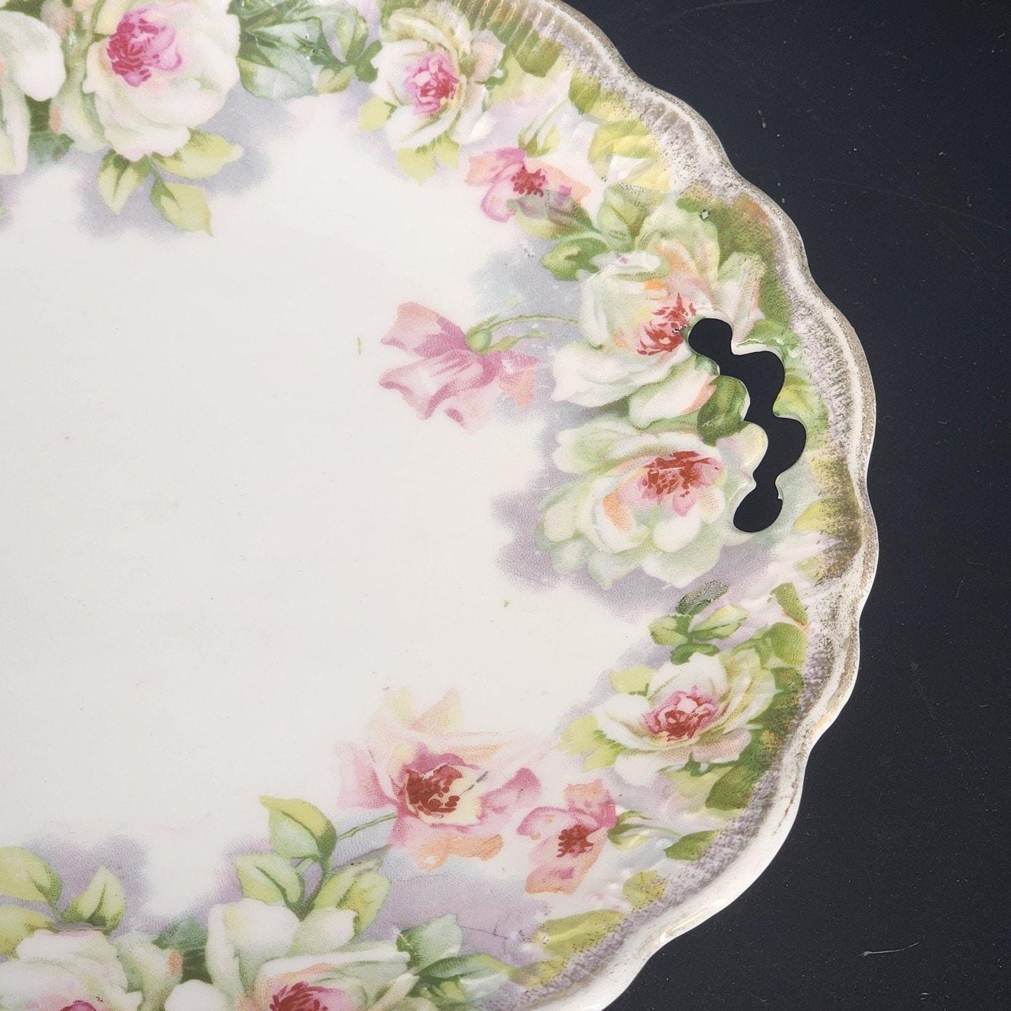 Limoges France Floral Plate Gold Trim Scalloped Handles 9.75 Inch Porcelain Serving Dish Antique