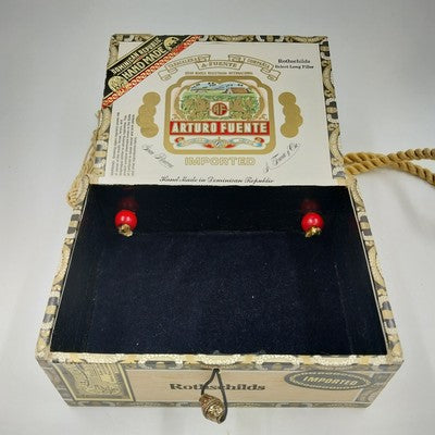 Wood Cigar Box Purse Arturo Fuente Dominican Republic Rothschilds Rope Handle