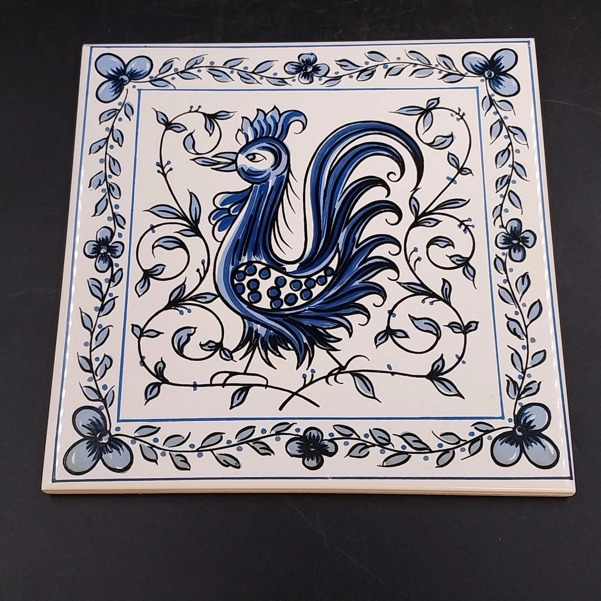 Vintage Outeiro Agueda Portugal ceramic tile with hand-painted blue rooster
