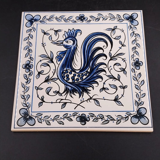Vintage Outeiro Agueda Portugal ceramic tile with hand-painted blue rooster