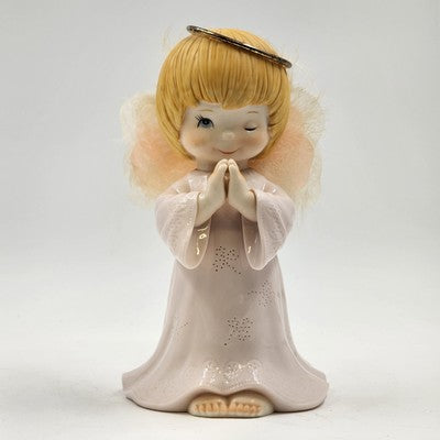 Winking Praying Angel Porcelain Figurine Fiber Optic Light 8" x 4.5"