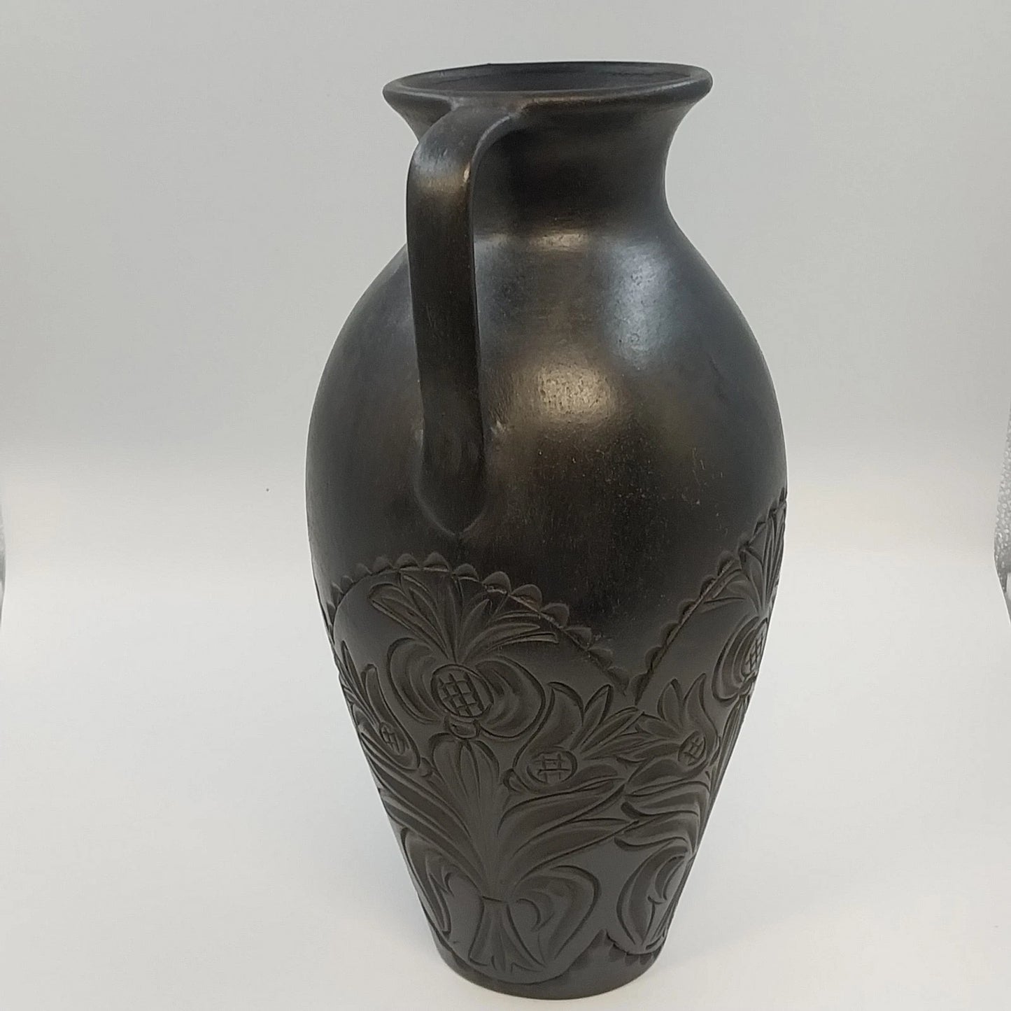 Black Pottery Vase Incised Floral Double Handle Amphora Urn 14" Unmarked