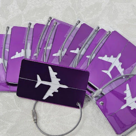 10pc Aluminum Luggage Tags Purple Airplane Design, 3x1.5, Cable Loop Lock NOS