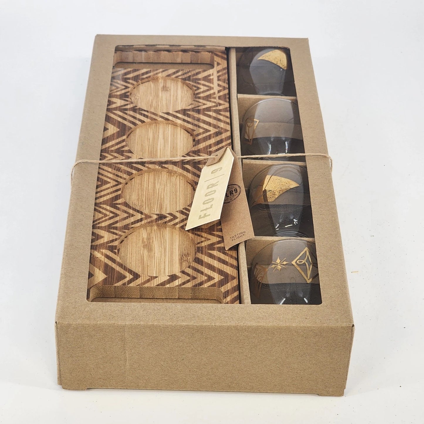 Floor 9 Whiskey Tasting Flight Set Wood Tray 4 Glasses Gold Rim Barware