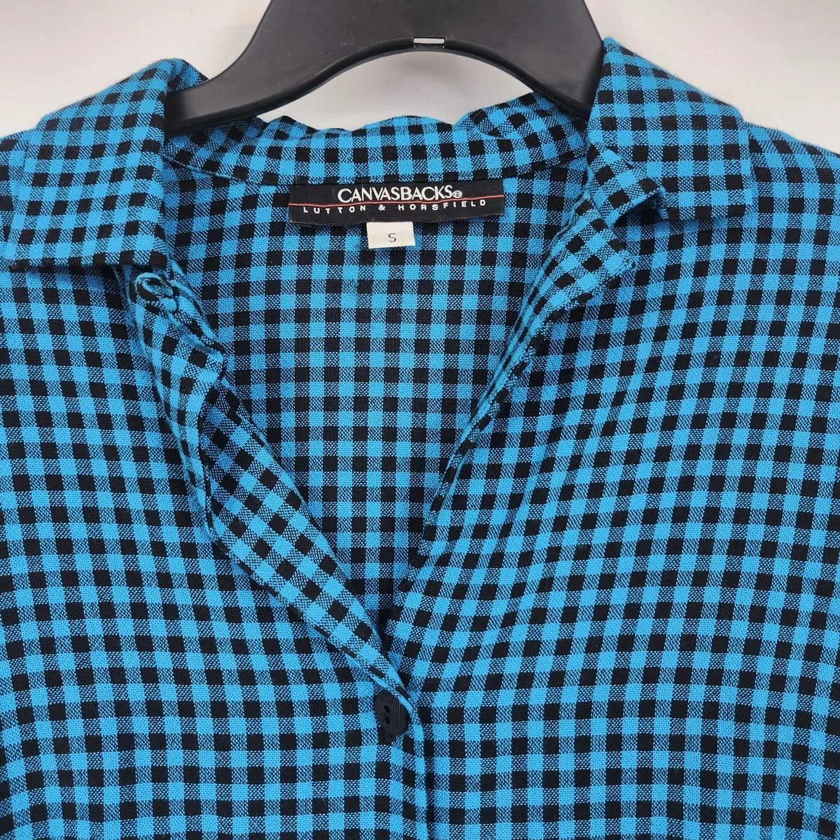 Canvasbacks Lutton & Horsfield Women's Small Blue Black Check Rayon Blouse