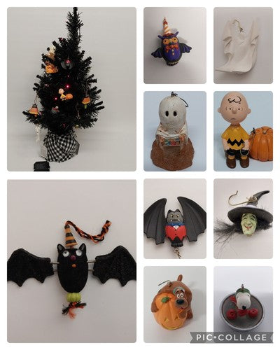 24 inch lighted Halloween tree with 11 hanging ghost, witch, and pumpkin ornaments